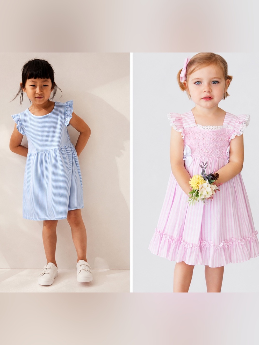Girls' Dress Bundle Size 6 - Pink Smocked Ruffle Sleeve Dress - Classic Stripes
